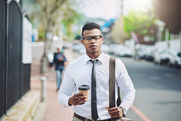 Businessman, portrait and walking on coffee break in city to commute to office with lawyer in...