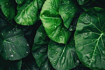 Fototapeta premium Close-up of lush, green leaves with water droplets, showcasing nature's beauty and freshness. Perfect for environmental and botanical themes.