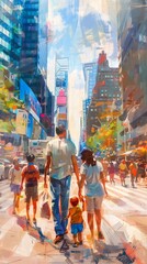 Fototapeta premium Family stroll in vibrant cityscape