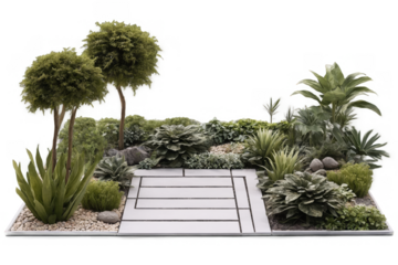 Creative isometric view of a mini garden design with lush greenery on a white background ideal for a png with a transparent feel