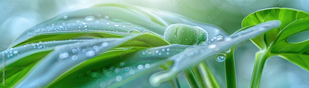 Poster close-up of fresh green leaves with water droplets, illuminated by soft light, creating a serene and