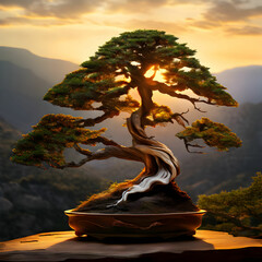 bonsai, upright, informal, juniper, China, Chinese, Japan, Japanese, pine, branches, regal, royal, mountain, forest, sunset, clouds, view, green, summer, sky, nature, tree, landscape