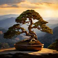 bonsai, upright, informal, juniper, China, Chinese, Japan, Japanese, pine, branches, regal, royal, mountain, forest, sunset, clouds, view, green, summer, sky, nature, tree, landscape