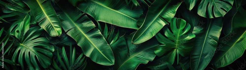 Poster top view of lush tropical green leaves creating a vibrant pattern, perfect for nature backgrounds an