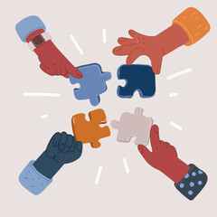 Cartoon vector illustration of Two hands trying to connect couple puzzle piece. Teamwork concept. Closeup hand of connecting jigsaw puzzle.