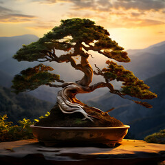 bonsai, upright, informal, juniper, China, Chinese, Japan, Japanese, pine, branches, regal, royal, mountain, forest, sunset, clouds, view, green, summer, sky, nature, tree, landscape