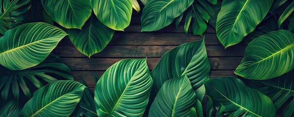Lush green tropical leaves arranged against a dark wooden background, creating a vibrant and serene natural scene perfect for backgrounds or designs.