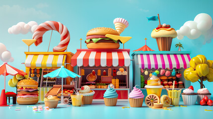 3d Cartoon food festival with various stalls on isolate