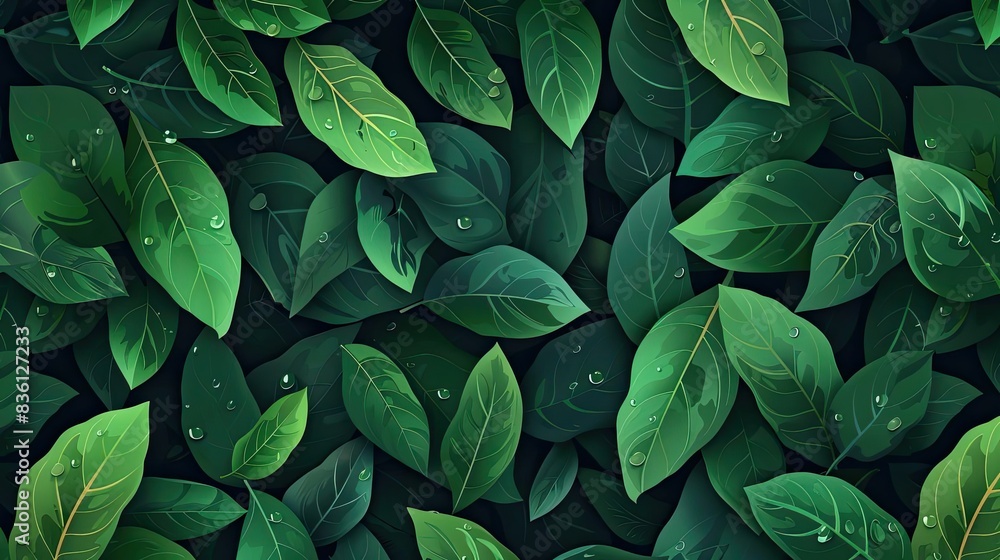 Poster close-up of fresh green leaves with water droplets, creating a natural and vibrant background perfec