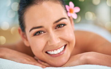 Massage, portrait and smile with woman in salon to relax for health, peace or wellness. Beauty,...