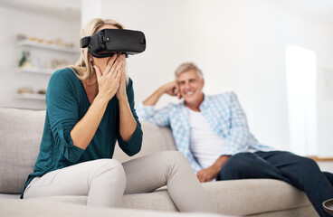 Couple, people and wow with vr for games on sofa for online video challenge and fun. Metaverse...