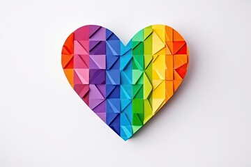 A 3D rendering of a rainbow-colored heart made of paper triangles on a white background.