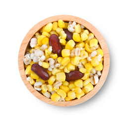 Mixed Grains Corn, Millet and Red Beans in wooden bowl isolated on white background top view