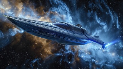 Fototapeta premium A ship sails calmly on the sea as a UFO flies overhead, casting a mysterious light on the water below, blending into the dark, cold night sky