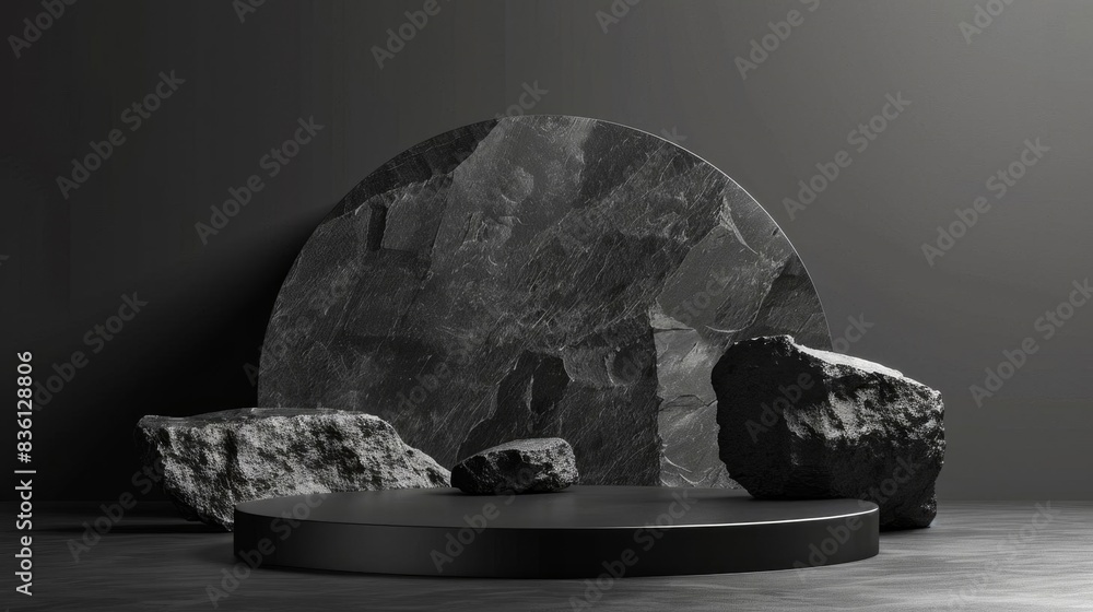 Aufkleber minimalistic black stone pedestal in a dark setting with geometric shapes and textures, perfect for 
