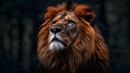 Close up of a Masai lion with long mane gazing upwards