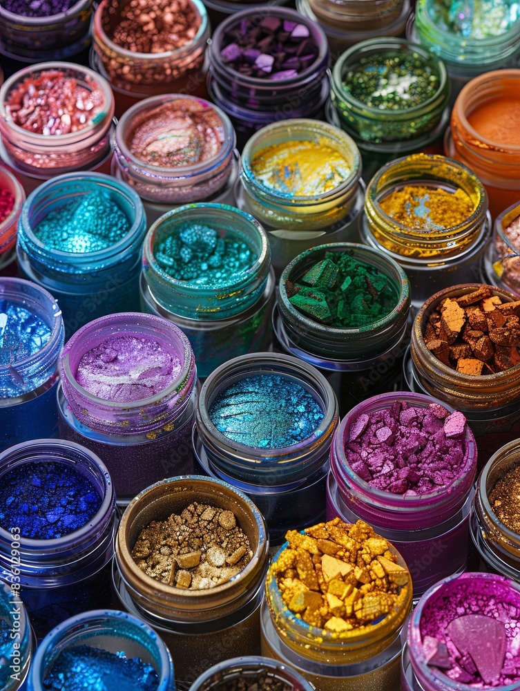 Poster an assortment of vibrant makeup pigments and powders in small jars, arranged in a close-up view, rev