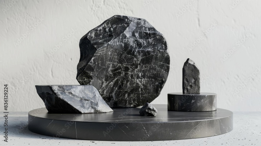 Poster modern art display of abstract black stone sculptures in various shapes on a circular platform again