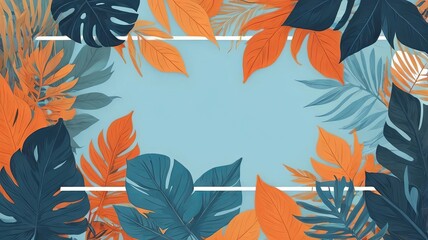 Tropical leaves frame autumn background with blue and orange, Ai generated