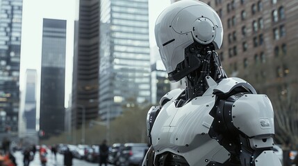 I imagine an image of a robot cop in the city, wearing a futuristic astronaut suit, standing next to a sleek white robot