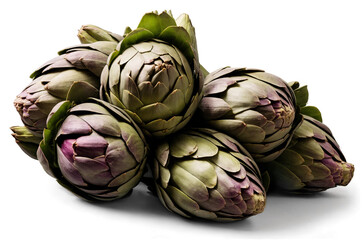 Obraz premium Bunch of fresh artichokes clumped together against a transparent, white background, png format suitable for food and nutrition themes