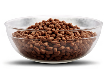 Full clear bowl of chocolate-flavored cereal puffs with a transparent, white background, png perfect for food and breakfast themes