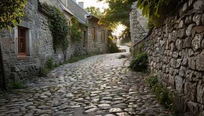 A charming cobblestone street in a historic village with stone houses and lush greenery, illuminated by soft evening light.