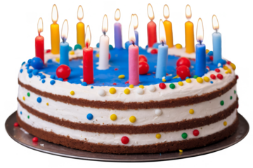 Celebratory birthday cake with colorful frosting and lit candles against a transparent, png, white background displaying cheerfulness