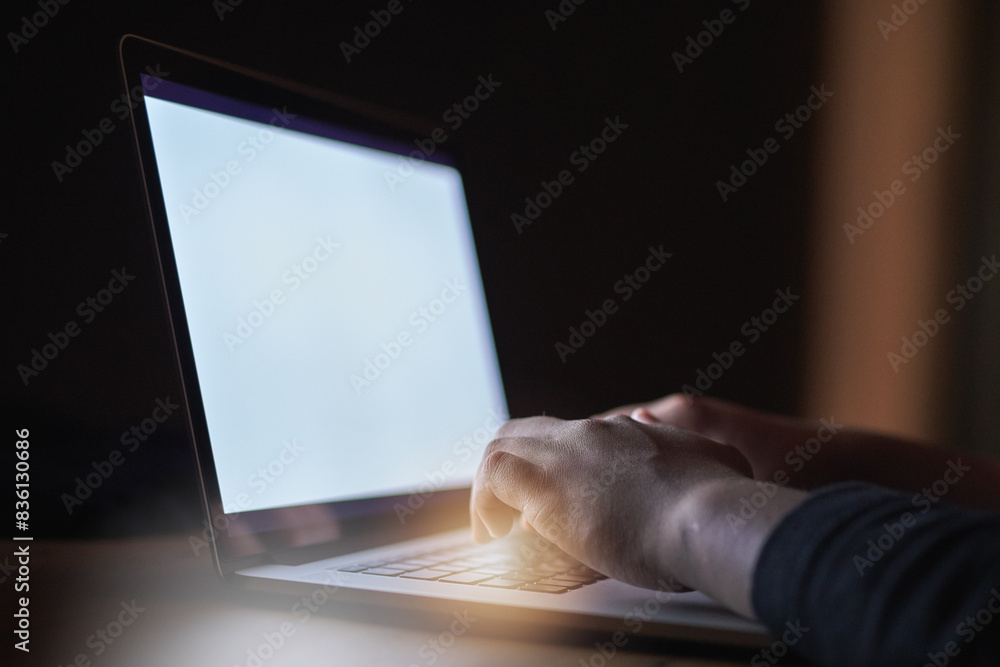 Poster hacker, hand and typing on laptop screen at night on mockup for malware, database software or hardwa