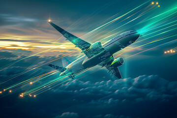 Naklejka premium Delivery plane flying, blue and green thin technology lines on it.&nbsp;