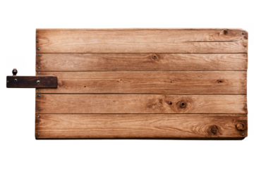 Isolated image of a wooden cutting board with a handle on a transparent, png, white background, showing the texture of the wood