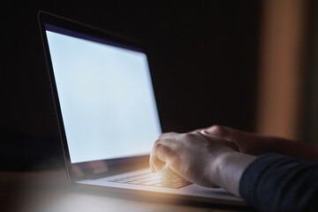 Hacker, hand and typing on laptop screen at night on mockup for malware, database software or...