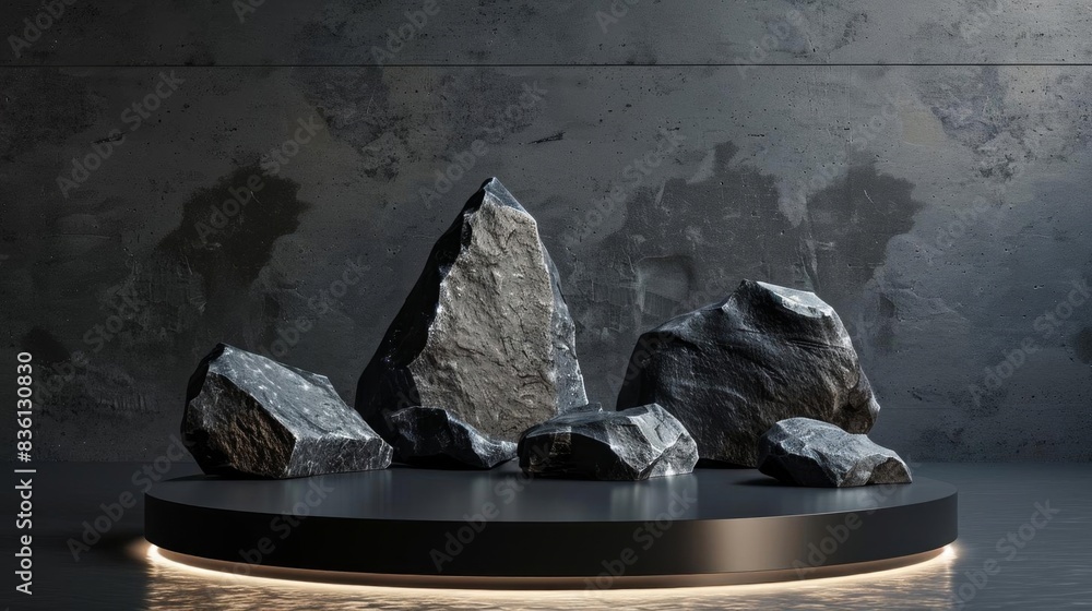 Poster a modern display featuring large black rocks on a round platform with a dark, stylish background. pe