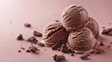 Scoop of chocolate ice cream with chocolate sauce on isolate pink color background
