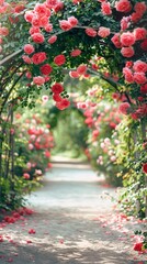 Beautiful garden walkway adorned with blooming pink roses arch, creating a serene and picturesque floral tunnel perfect for nature lovers.