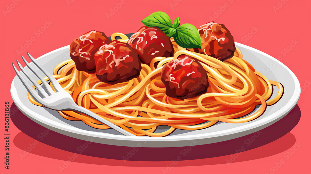 Wall mural A plate of spaghetti with tomato sauce, basil, and cheese, on a white background