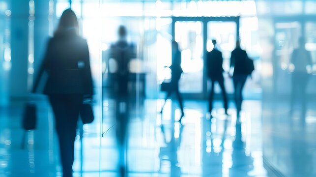 Blurred business people in white glass office background.
