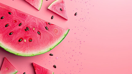 Slice of watermelon with seeds and juicy pink flesh on isolate pink color background