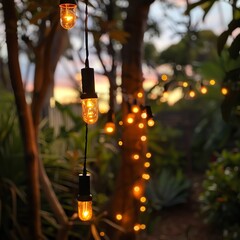 String of warm white fairy lights hanging in a garden at dusk.