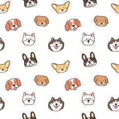 Seamless Pattern of Cute Cartoon Dog Face Design on White Background