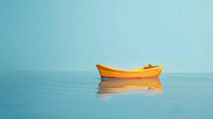 Toy yellow boat floating on water on isolate blue background