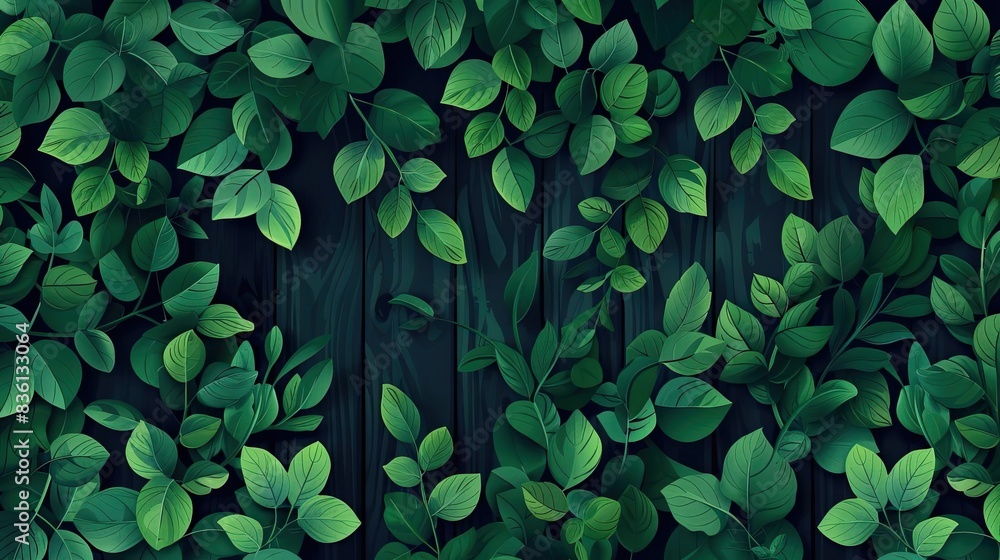 Poster lush green leaves on a dark wooden background, creating a vibrant and tranquil nature-inspired scene