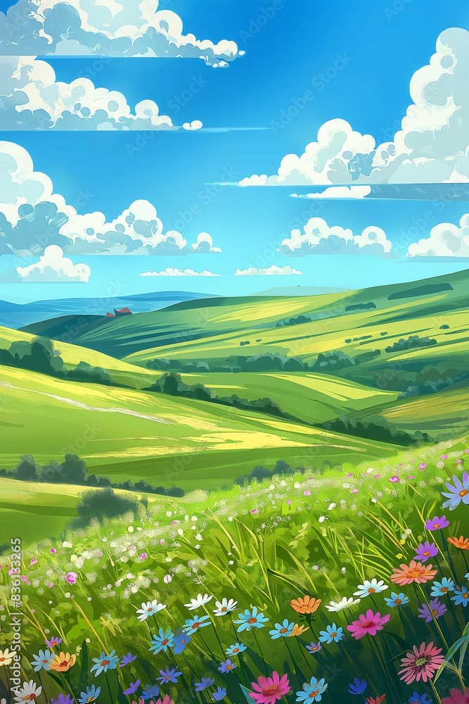 Wall mural wide open field landscape with rolling hills and wildflowers under a bright blue sky with puffy clou