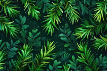 Fototapeta premium Lush green tropical leaves forming a vibrant abstract background, perfect for nature and botanical design themes.