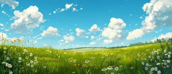 Fototapeta premium Wide open field landscape with rolling hills and wildflowers under a bright blue sky with puffy clouds, hand drawn style.