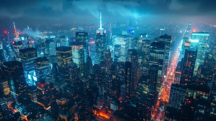 Fototapeta premium Urban Nightscape: bustling urban nightscape with illuminated skyscrapers, busy streets, and vibrant nightlife,