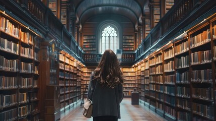 Solemn Woman Walking Through Majestic Library Hall with Old Books