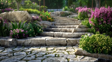 A garden with stone steps