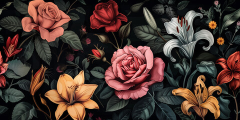 A black background featuring vibrant and prominent flowers like roses or lilies, standing out beautifully.