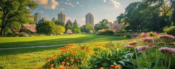Scenic view of a city park with vibrant flowers, greenery, and skyscrapers in the background under a clear sky.